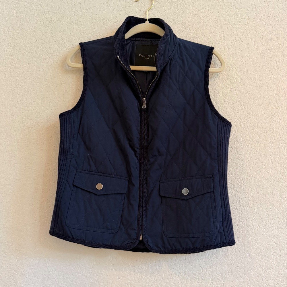 Talbots Petites Navy Blue Quilted Vest Mock Neck Full Zip Ribbed Side Panels MP